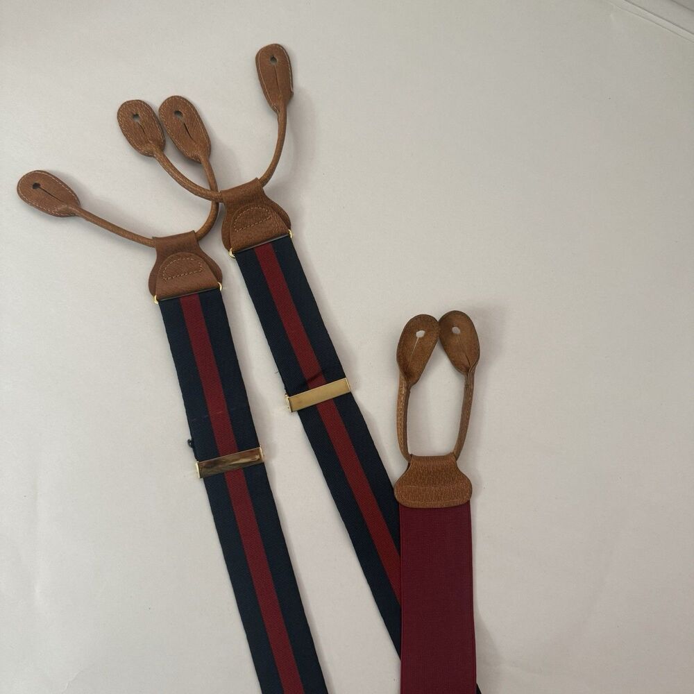 Trafalger Textured Navy Red Stripes Suspenders Gold Hardware Leather Attachments - Picture 8 of 12